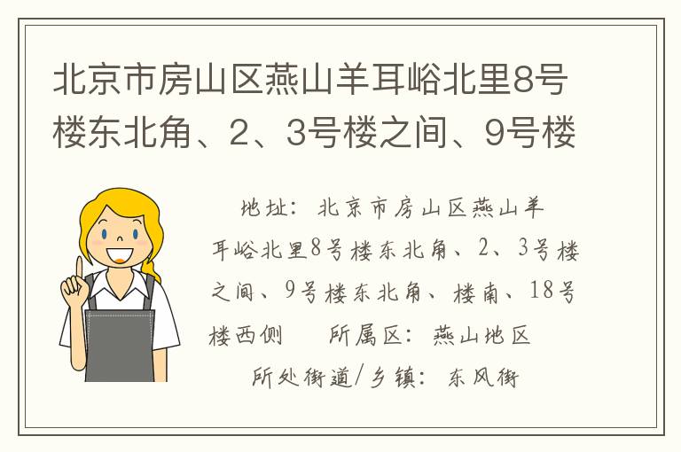 北京市房山區(qū)燕山羊耳峪北里8號(hào)樓東北角、2、3號(hào)樓之間、9號(hào)樓東北角、樓南、18號(hào)樓西側(cè)