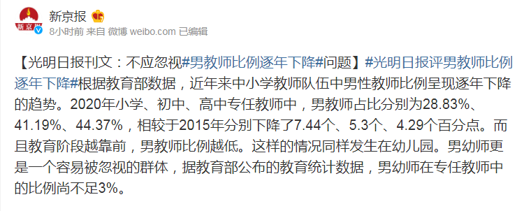教師行業(yè)“陰盛陽衰”，男教師比例逐年下降，鐵飯碗為何不香了？