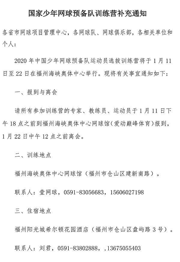 國家少年網(wǎng)球預備隊訓練營補充通知