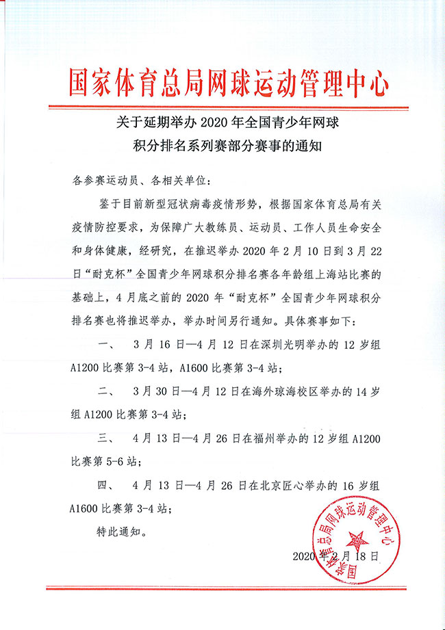 關(guān)于延期舉辦2020年全國(guó)青少年網(wǎng)球積分排名系列賽部分賽事的通知