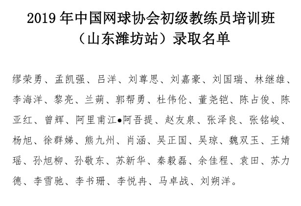 2019年中國(guó)網(wǎng)球協(xié)會(huì)初級(jí)教練員培訓(xùn)班（山東濰坊站）錄取名單