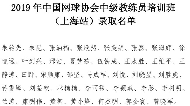 2019年中國(guó)網(wǎng)球協(xié)會(huì)中級(jí)教練員培訓(xùn)班（上海站）錄取名單
